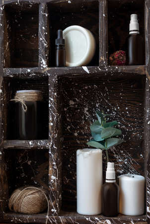 set of natural cosmetics for skin care, spa background, feminine concept, cozy atmosphere, wood textureの写真素材