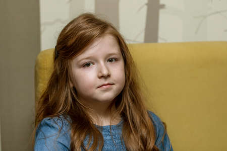 portrait of a little girl with long red hair who sits and looks at the cameraの写真素材