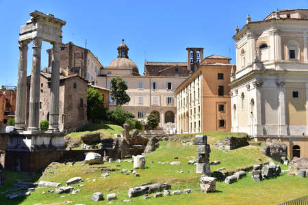 Archaeological site near Marcello Theater and Portico of Octavia in a sunny bright day - Ancient Rome tourの写真素材