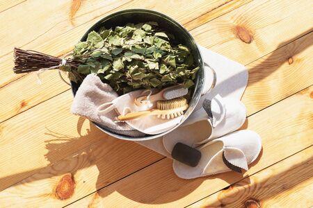 Set for the sauna. Healthy lifestyle, concept of natural and eco-friendly body care. Traditional...