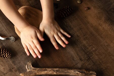 Modeling with salt dough on the kitchen table. Natural materials for the game, the natural composition of the product. Creative development of children in the period of self-isolation.の写真素材