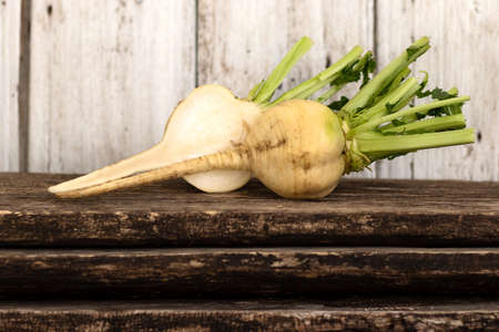 The cut white turnip with tops lies on old wooden boards. Useful root vegetable grown in the garden