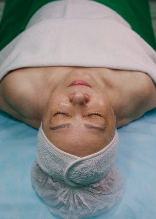 An elderly woman is undergoing a procedure at the beautician. Open shoulders and face. The body is covered with a white towel, the hair is tucked under a capの写真素材