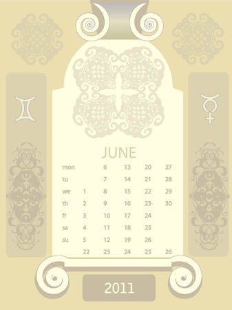 Decorative vintage calendar 2011, with stylized window and astrological symbols. のイラスト素材