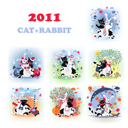 Set of funny postcards for 2011, with fantastic catrabbit creature. のイラスト素材