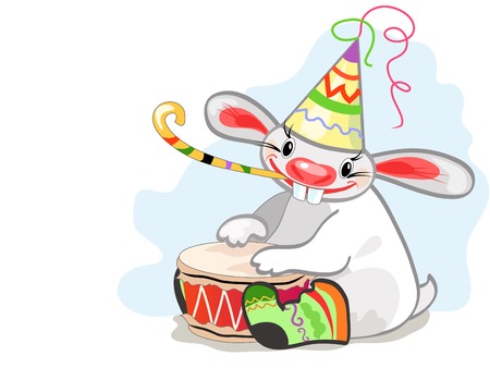 Funny cartoon rabbit character, playing drum. 	のイラスト素材