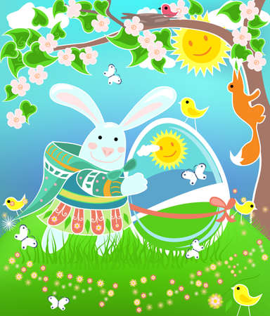 Beautiful decorated Easter rabbit with egg on spring background. のイラスト素材