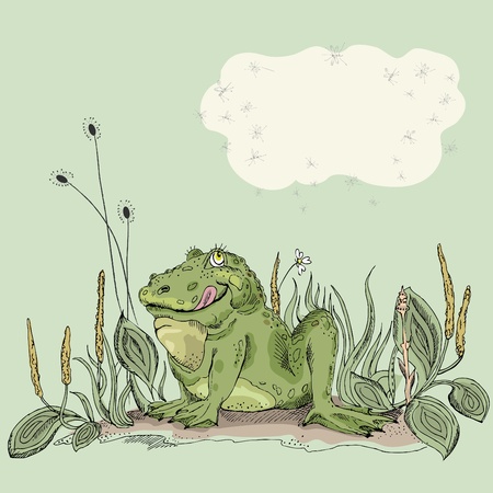 Funny hand drawn frog in green grass.のイラスト素材