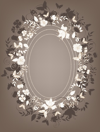 Decorative brown floral background with  flowers and butterflies frame. のイラスト素材