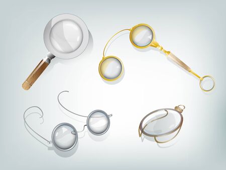Set of 4 retro optic devices: magnifier, glasses, lorgnette, monocle.のイラスト素材