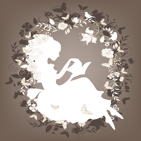 Vintage background with flowers, bird and girl reading book.のイラスト素材