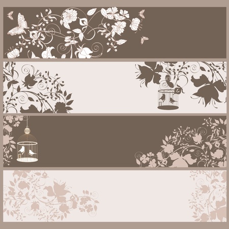Set of 4 vintage horizontal banners flowers and  birds in cage.のイラスト素材