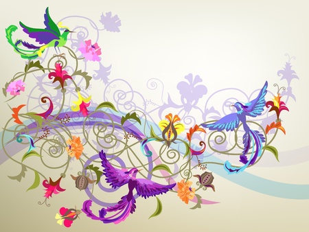 Decorative colorful background with stylized flowers and birds patterns.のイラスト素材