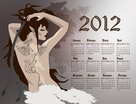 2012 year calendar, girl with dragon tattoo. のイラスト素材