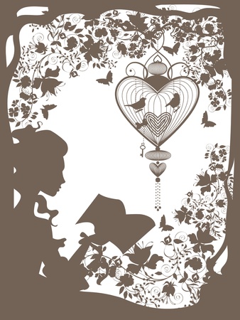 Vintage graphic illustration with girl character reading book. のイラスト素材