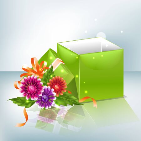 Festive background with multicolored gradient mesh flowers and green box.のイラスト素材