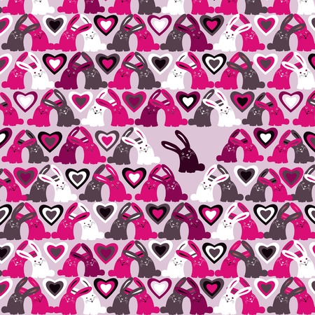 Seamless  with pink, grey, white and black rabbits and hearts. のイラスト素材