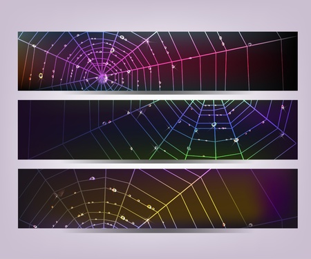 Set of dark banners with spider web and shining water drops. のイラスト素材