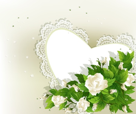 Wedding background with fresh white roses and heart.のイラスト素材