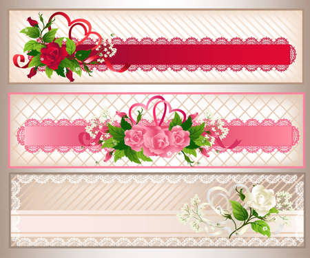 Beautiful retro rose banners set with lace elements. のイラスト素材