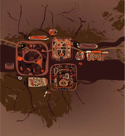 Brown grunge  abstract background with stylized Maya symbols. のイラスト素材