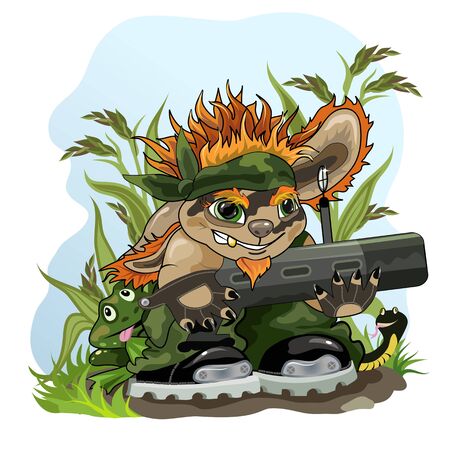 Picture of funny creature with bazooka and animals protecting nature. のイラスト素材
