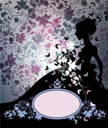 Vintage black bride silhouette on floral background.のイラスト素材