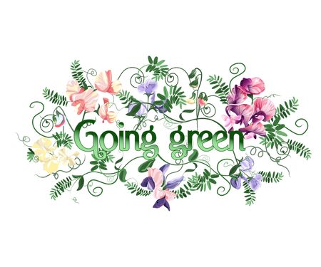 Going green text decorated with sweet pea flowers and leafs.のイラスト素材
