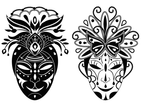 Two graphic black and white decorative masks.のイラスト素材