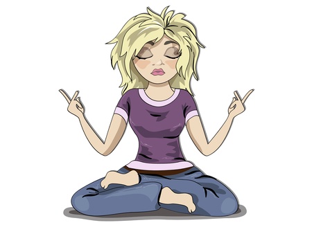Funny young blond girl character, meditation.のイラスト素材