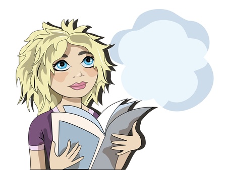 Funny young blond girl character, reading.のイラスト素材
