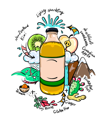 Vector doodle drinking bottle with natural ingredients.のイラスト素材