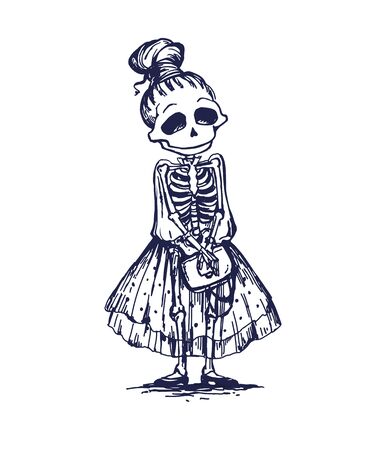 Funny skeleton girl character going to date. Memento moryのイラスト素材