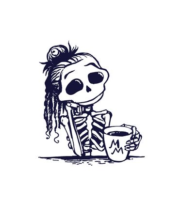 Cute skeleton girl character is drinking morning coffe. Memento moryのイラスト素材