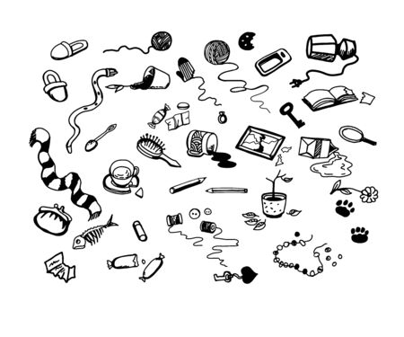Black and white bet of hand drawn broken domestic objects.のイラスト素材