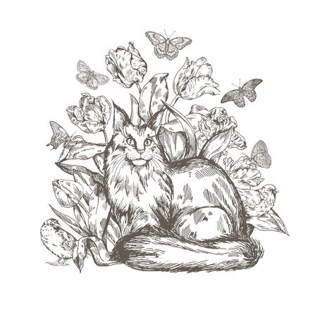 Vintage graphic illustration of cat sitting in flowers with butterflyes and birds. 
のイラスト素材