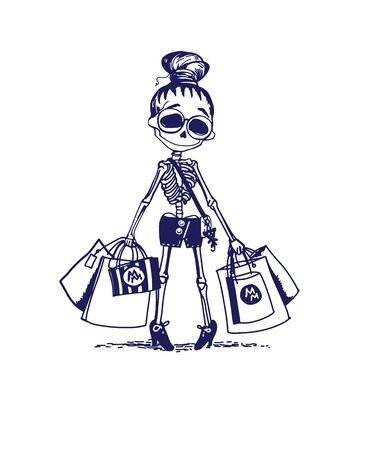 Cute skeleton girl character shopping. Memento moryのイラスト素材