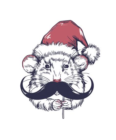 Vector rat funny  New Year illustration  in hat with mustaches.
のイラスト素材