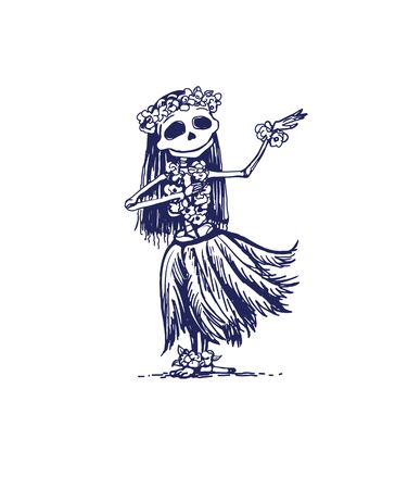 Cute skeleton girl character dancing Hawaii traditional dance. Memento moryのイラスト素材