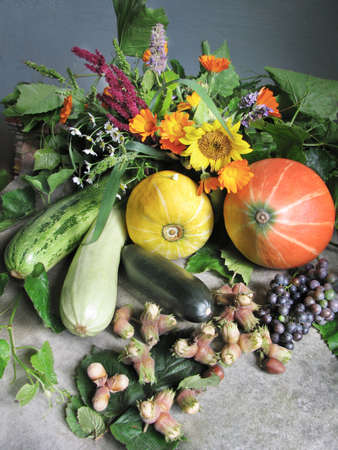 Autumn flowers and vegetables still lifeの写真素材