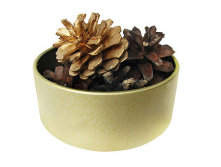 Round gold box with decorative pinecones. Isolatedの写真素材
