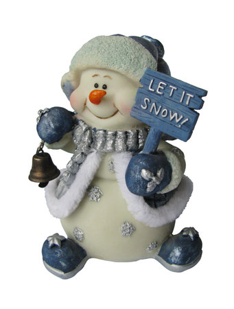 Little cute snowman toy in a hat and jacket with a bell in his hand. Isolatedの写真素材