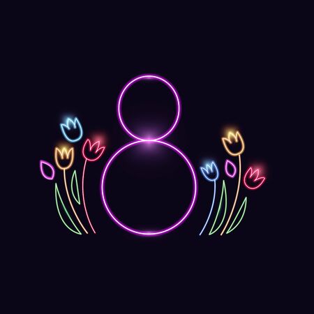 International Women's Day. 8 March neon bright for decoration vector illustration.Neon sign.のイラスト素材
