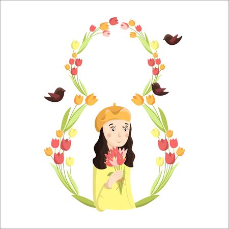8 March illustration for International Women's Day. Girl with flowers and birds.のイラスト素材