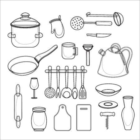 Vector kitchen tools set. Kitchenware collection. Lots of kitchen tools, utensils, cutlery. Modern flat design concepts for web banners, web sites, printed materials, infographics.のイラスト素材