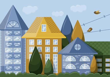Houses exterior vector illustration front view with roof. Home facade with windows.のイラスト素材