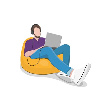 A man sits in a chair a bag with a laptop and headphones. Remote work, freelance, online training. Checks mail, writes letters, searches for information on the Internet. Vector illustration. Isolatedのイラスト素材