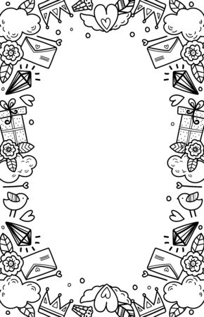 Frame of clipart vector elements. Collection of black illustrations flowers, hearts, desserts for Valentine Day lineart on a white isolated background. Design for colors, prints, weddings,postcardsのイラスト素材