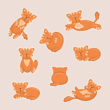 Vector red fluffy cat with white stripes in different poses. Stickersのイラスト素材