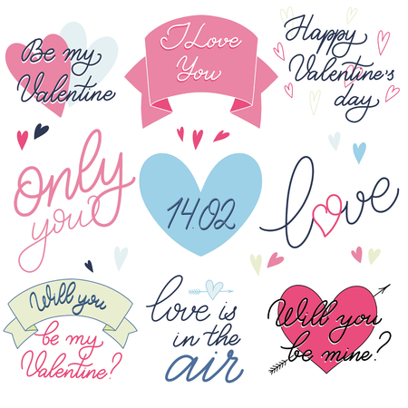 Valentine Day text set in romantic pink and blue colors, Calligraphic love letteringのイラスト素材